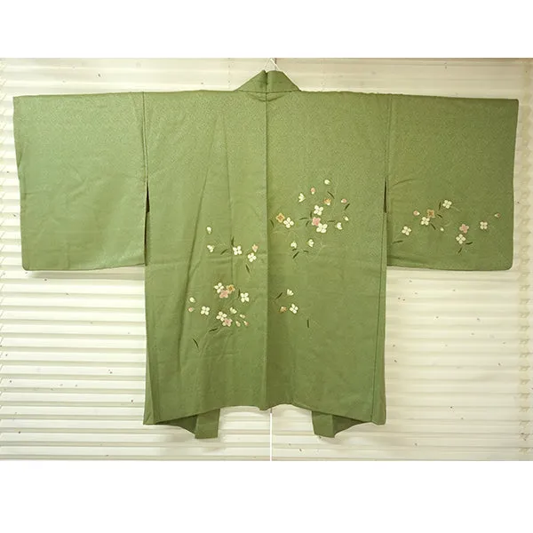 Vintage Haori Kimono Jacket Silk,Soft Green base, Delicate Floral Patterns
