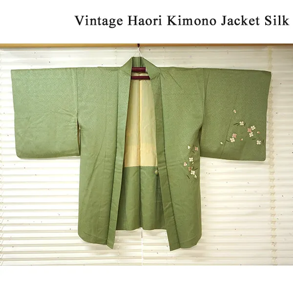 Vintage Haori Kimono Jacket Silk,Soft Green base, Delicate Floral Patterns