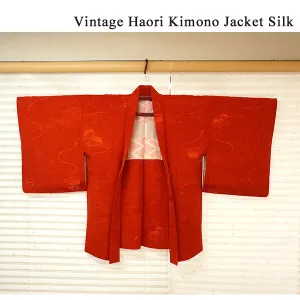 Vintage Haori Kimono Jacket Silk,Vivid Red base, Drum and Decorative Cord Pattern