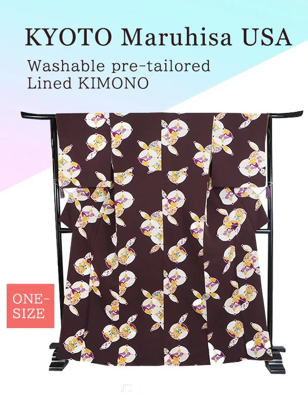 Washable pre-tailored Lined KIMONO【ONE-SIZE】(Chrysanthemums, bellflowers, and plums in cloisonne.)