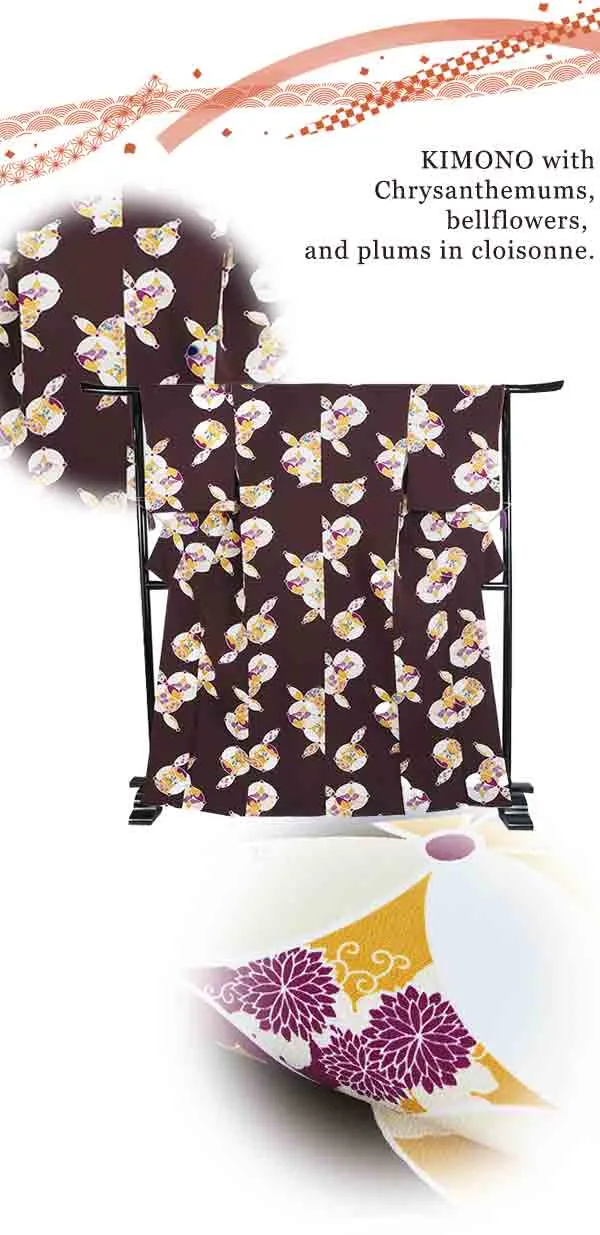 Washable pre-tailored Lined KIMONO【ONE-SIZE】(Chrysanthemums, bellflowers, and plums in cloisonne.)