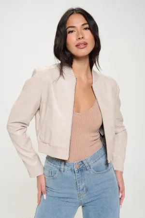 Zip-Up Cropped Bomber Jacket – Trendy Vegan Leather Outerwear