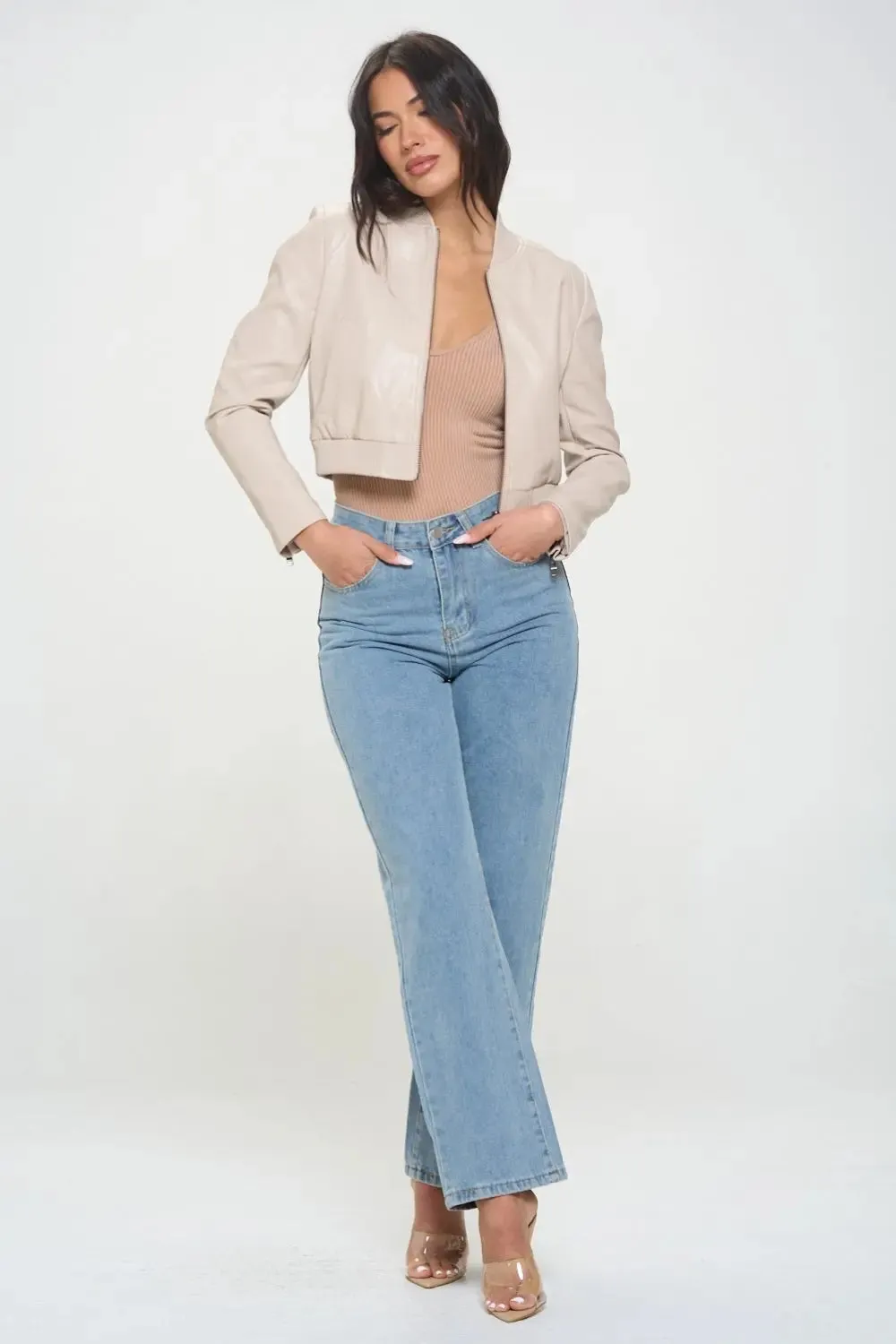 Zip-Up Cropped Bomber Jacket – Trendy Vegan Leather Outerwear