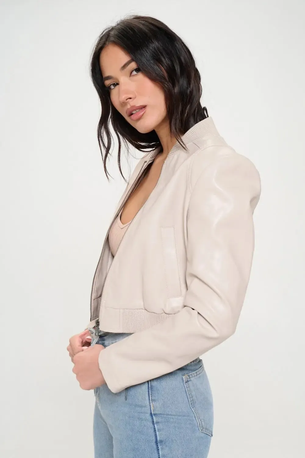Zip-Up Cropped Bomber Jacket – Trendy Vegan Leather Outerwear