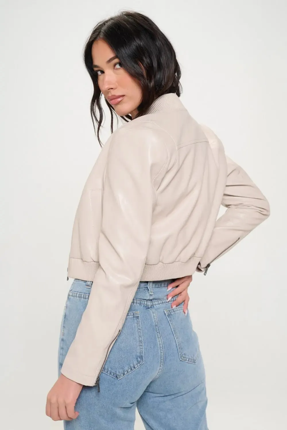 Zip-Up Cropped Bomber Jacket – Trendy Vegan Leather Outerwear